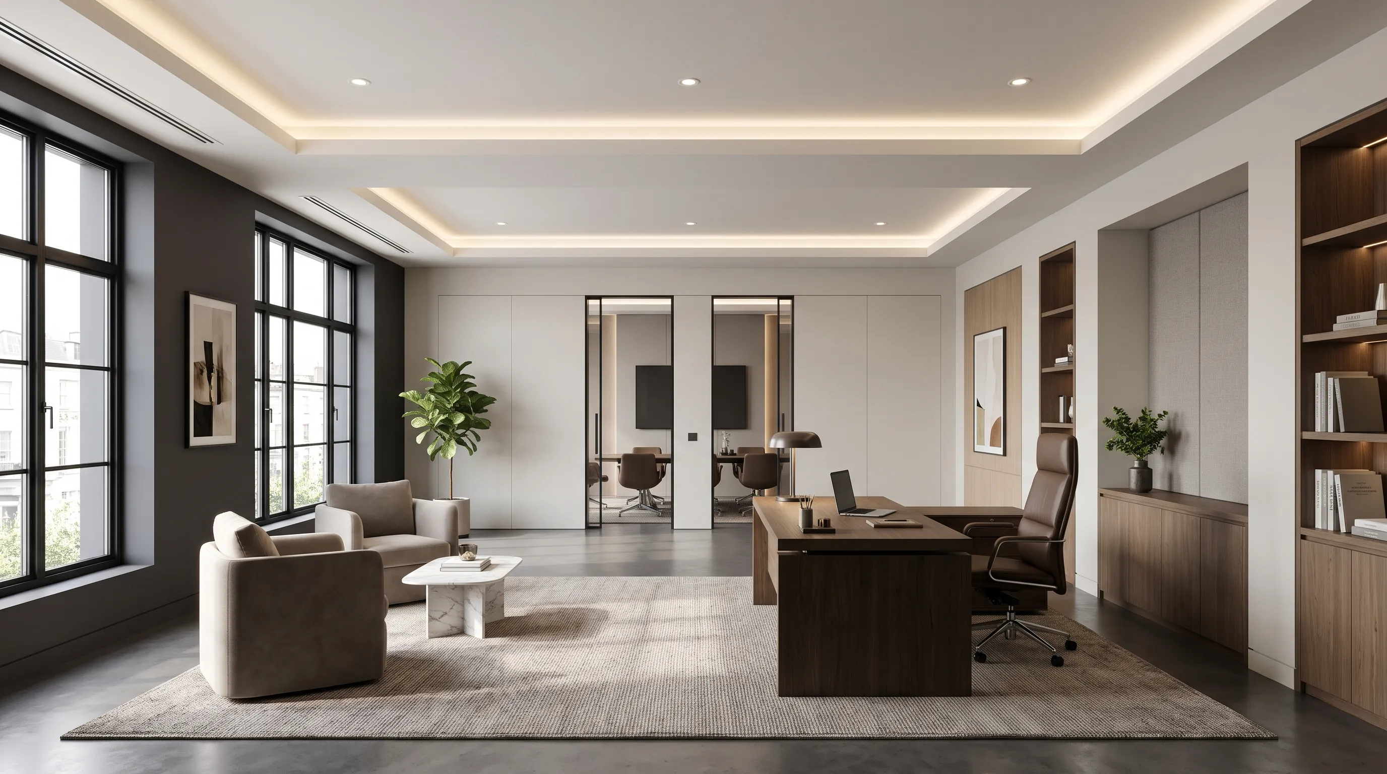 A finished office interior with plastered walls and a recessed ceiling